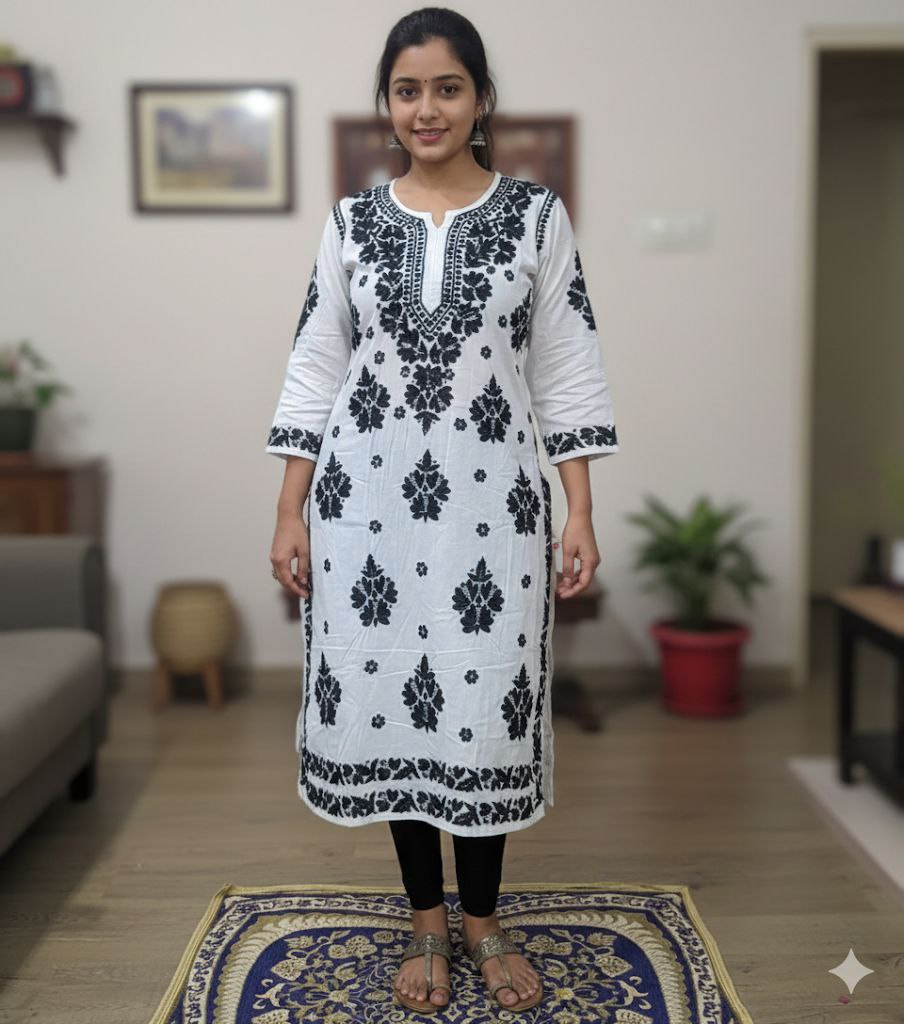 White Black Work Original Lakhnavi Kurti