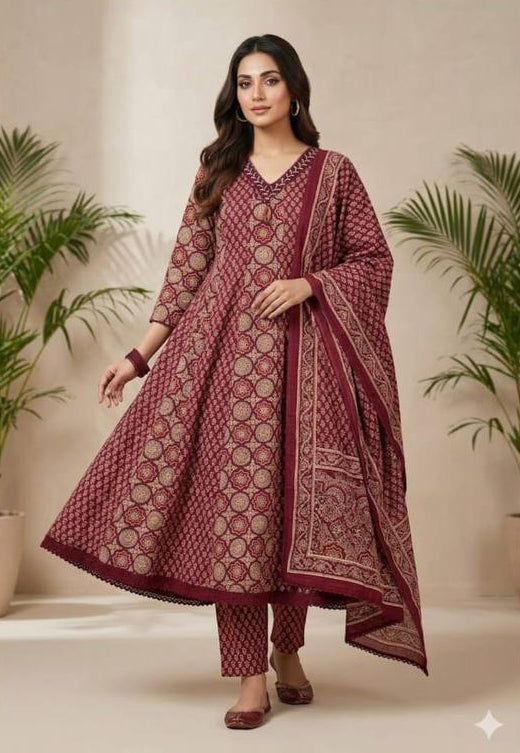 Red Bagru Print Suit