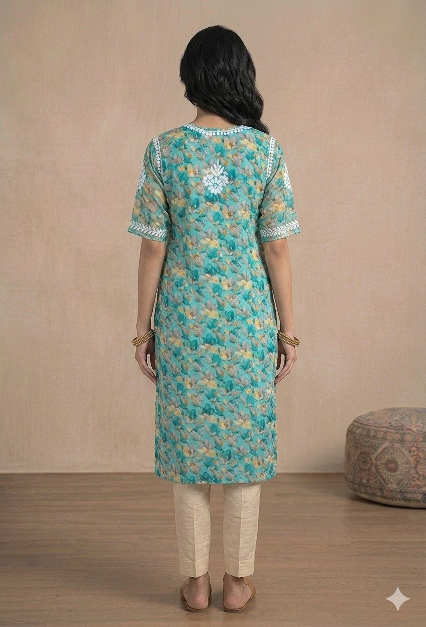 Grn Printed Original Lakhnavi Kurti