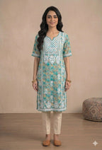 Grn Printed Original Lakhnavi Kurti