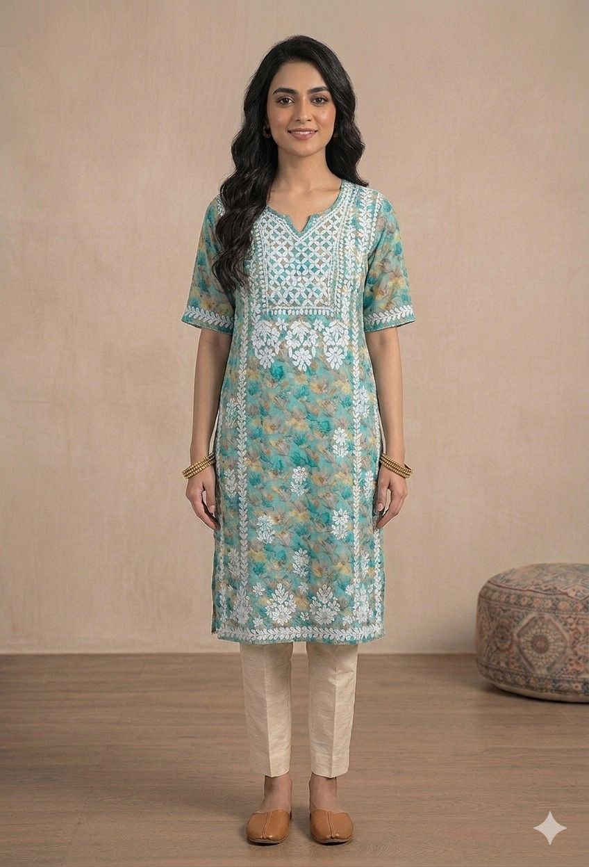 Grn Printed Original Lakhnavi Kurti